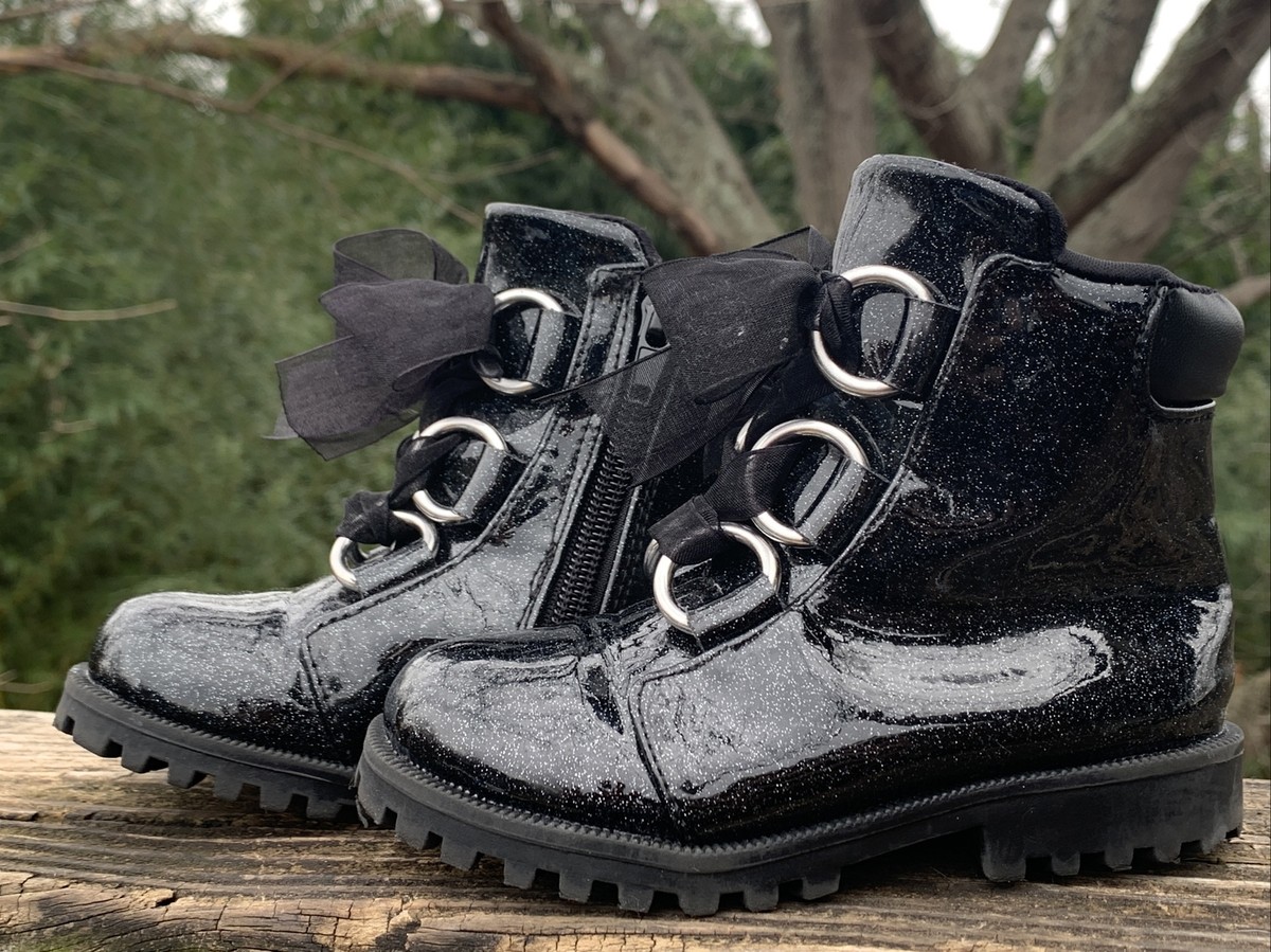 トップス da SELF ESTEEM Black Sparkle Silver Glitter Motorcycle Boots