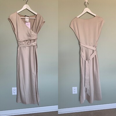 NWT BHLDN Louisa Satin Charmeuse Champagne Wrap Front Surplice Midi Dress 0  | eBay