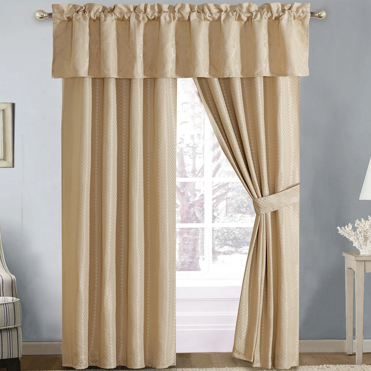 5 Piece Lined Jacquard Curtains Set Includes 2 Panels 2 Tie Backs and 1 Valance