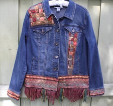 Boho Denim Jacket Quilted Strips In Lattice Pattern & Fring Upcycled Recycled