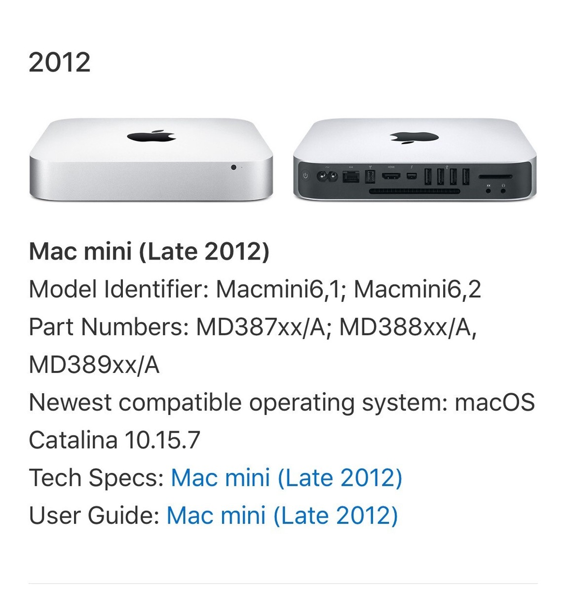 Apple　Mac mini　MD387J/A Apple Mac Mini A1347 - MD387LL/A (Late 2012) - 2.5 GHz i5