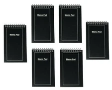 3" x 5" Spiral Note Pad/Book/Memo, Pack of 6, Black Cover, Lined, 50 Sheets Each