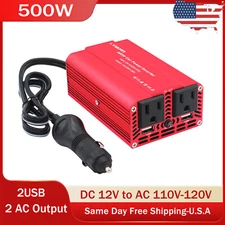 500W Car Power Inverter DC 12V to AC 110V 120V Converter With 2USB 2Sockets Red