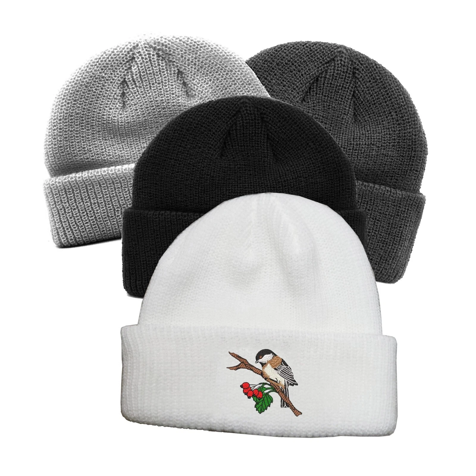 Chickadee bird embroidered docker beanie hat, bird lover docker beanie hat