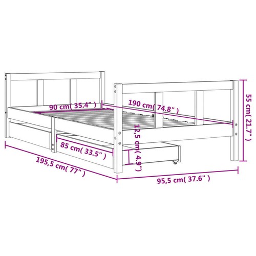 vidaXL Kids Bed Frame with Drawers White 90x190 cm Solid Wood Pine - Picture 10 of 10