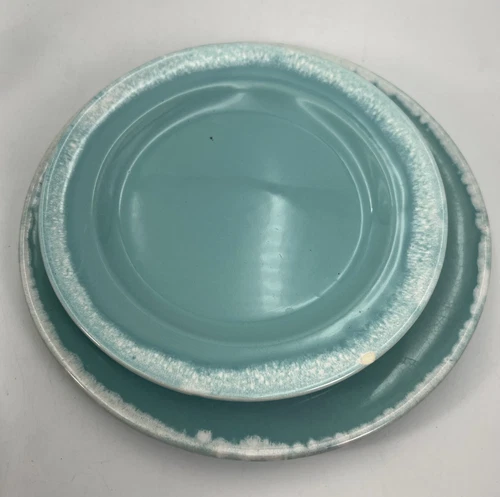Vintage 3 HULL Pottery USA CRESTONE Turquoise  Drip Glaze plates DAMGED Chipped