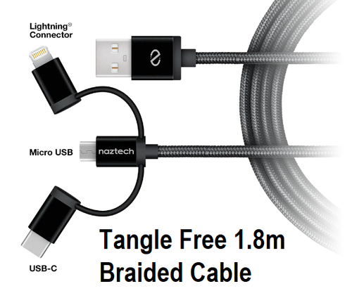 NAZTECH Braided 3in1 Hybrid USB Cable for Micro USB, Lighting, USB-C Devices - Picture 2 of 5