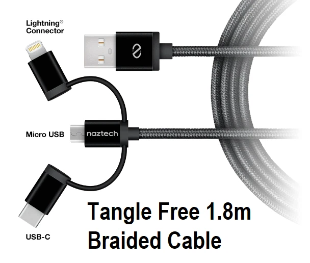 NAZTECH Braided 3in1 Hybrid USB Cable for Micro USB, Lighting, USB-C Devices - Image 2 of 4