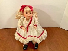 Dandee Musical Wind Up Porcelain Doll Blonde White Sheer Overlay Dress Lace Red