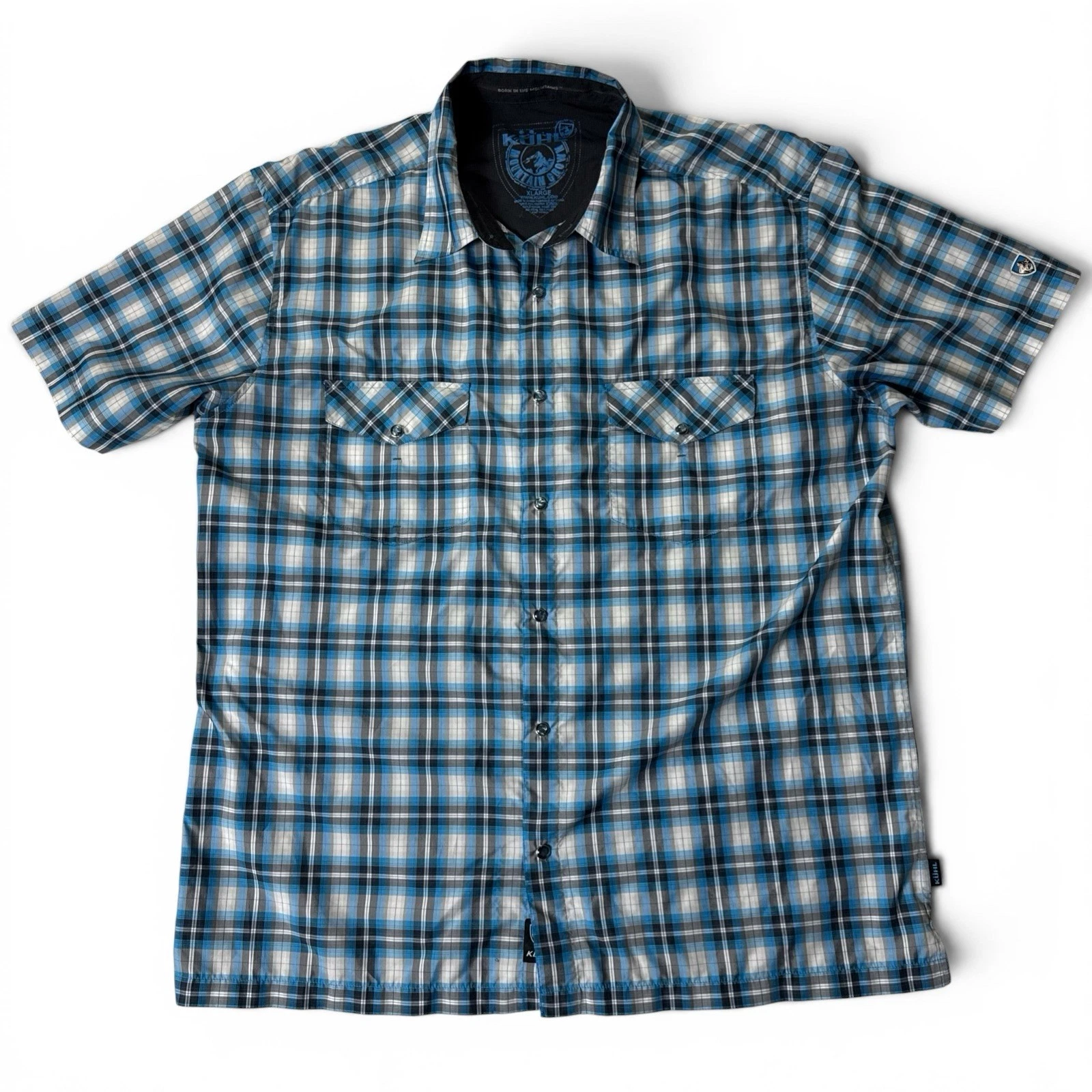 Kuhl Shirt Mens XL Blue Plaid Ionik Pearl Snap Performance Hiking Short Sleeve