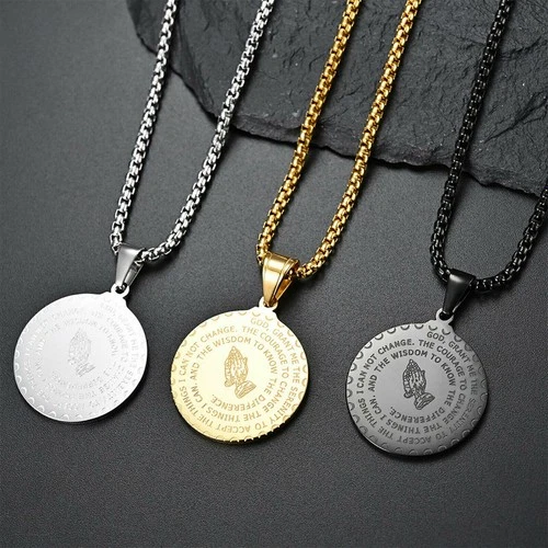 Men's Stainless Steel Serenity Prayer & Lord's Prayer Medallion Pendant Necklace