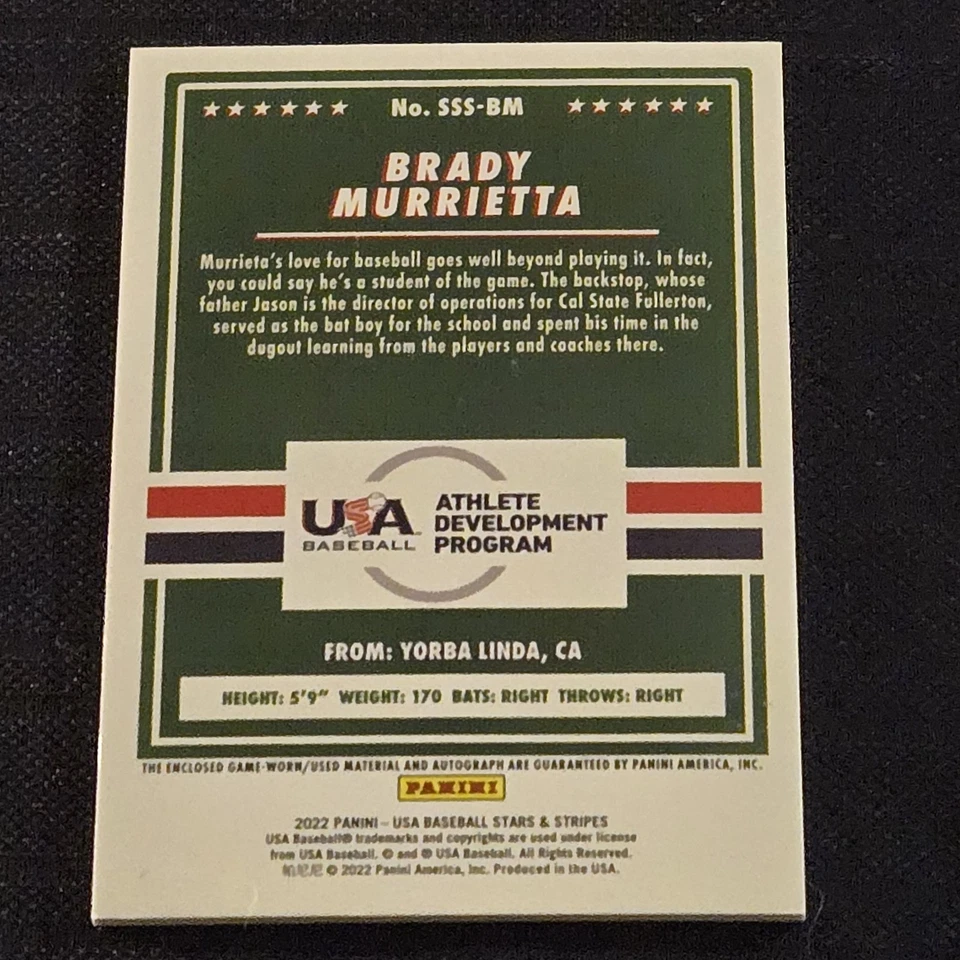 2022 Panini Stars & Stripes USA Baseball Brady Murrietta Jersey Signatures #/349 - Image 2 of 3
