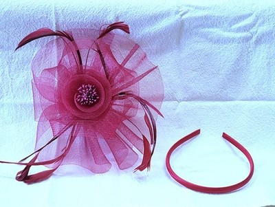 Really Pretty Maroon Fascinator Derby Tea Party Headband W/ Feather Ribbon . NEW