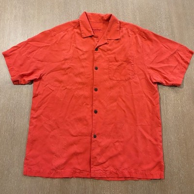 Tommy Bahama Mens Red Jacquard Silk Tropical Short Sleevee Embroidered Shirt M