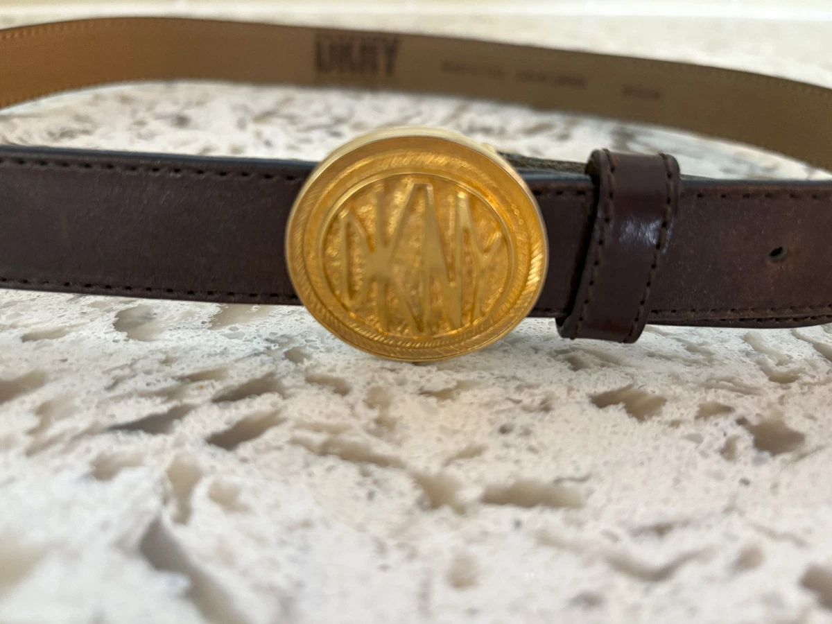 Vintage DKNY Brown Leather Skinny Belt With Brass Chain Detail Size Small Italy Dkny Leather Belt - Etsy main image 3