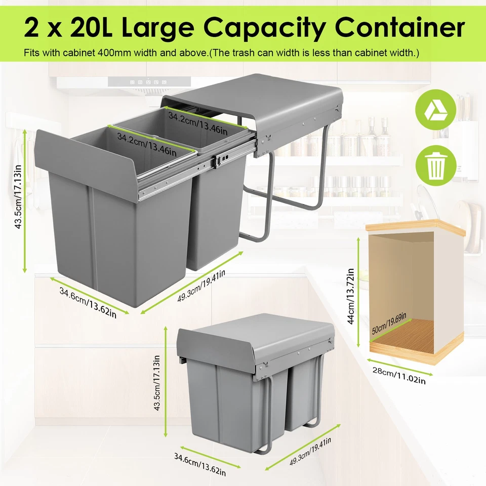 40L Einbau Abfallsammler Küche Schrank Mülleimer Vollauszug Einbaumülleimer Grau - Bild 4 von 4