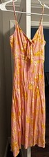BP Pink Yellow Floral Long A-Line Dress V-Neck Strappy Bow Accent XS Women