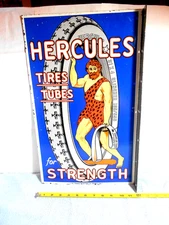 VINTAGE 12x20 in 2 SIDED FLANGE HERCULES TIRES SIGN HEAVY METAL PORCELAIN -X 117