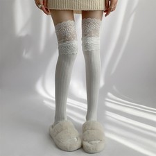 Women Knitted Thigh High Socks Over The Knee Lace Trim Socks Knit Boot Stockings