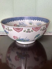 Lg Decorative Footed Bowl Made in China Hand Painted Lotus Flower Multi Color