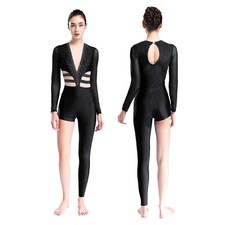 Womens Jumpsuit Ballet Dancewear Stage Gymnastics Unique Bodysuit Rhinestones
