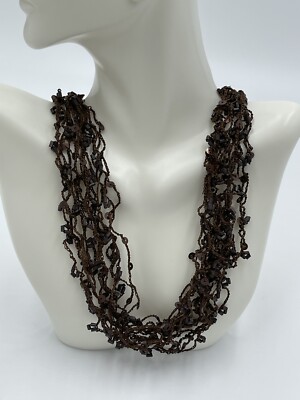 Brown Confetti Beads Scarf Necklace Accents Boho Knitted Strands 21'' JB-12