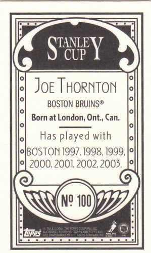 03/04 Topps C55 Mini Stanley Cup Back #100B Joe Thornton Full Length Bruins - Foto 2 di 2