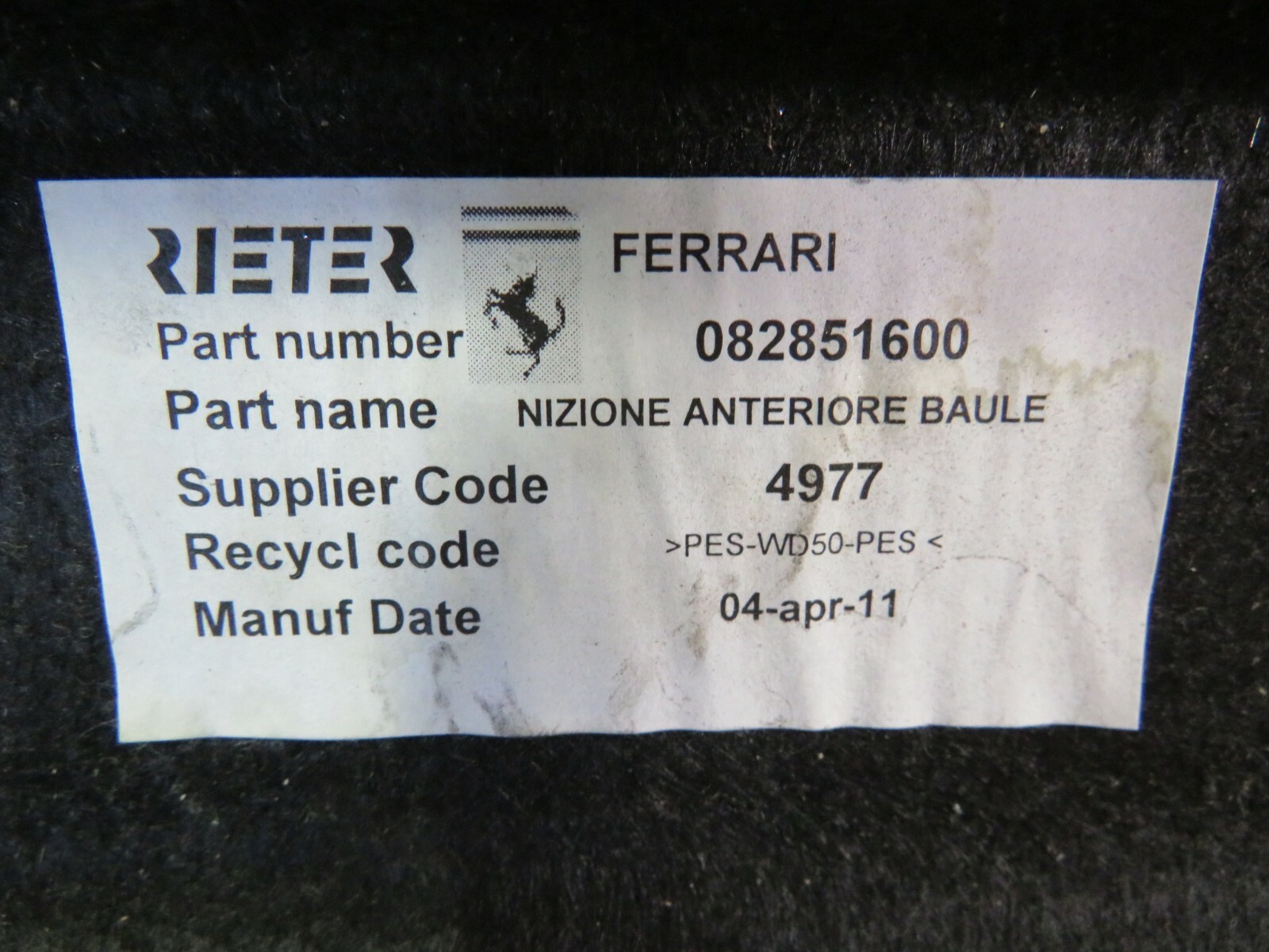 Ferrari California, Front Upper Trunk Carpet, Used, P/N 82851600