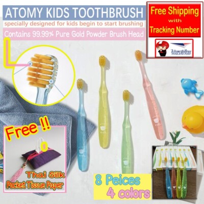 8PCS ATOMY Kid ToothBrush 99.9% Gold Powder Coated Brush Head Foodgrade Handle