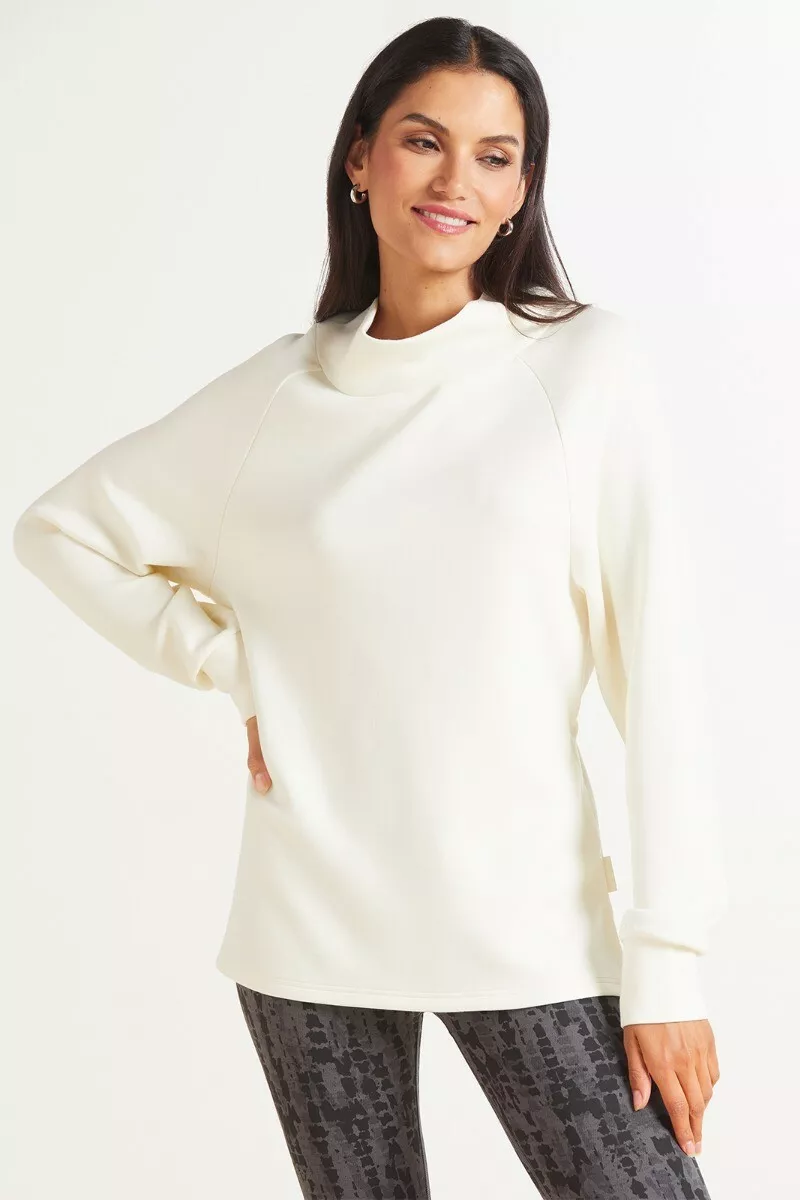 Varley Arcola Mock Neck Pullover Sweatshirt M Oversize Sweater Beige Egret  Tunic