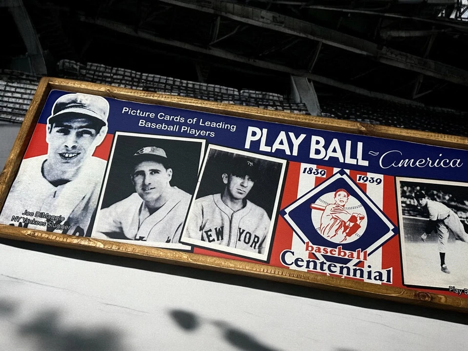 Letrero publicitario de tarjeta de béisbol de madera arte estilo antiguo Play Ball 1939 9x36 Foto 2 de 4