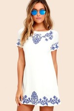 Lulus Women Tale to Tell White Blue Embroidered Shift Dress size XS Short Sleeve