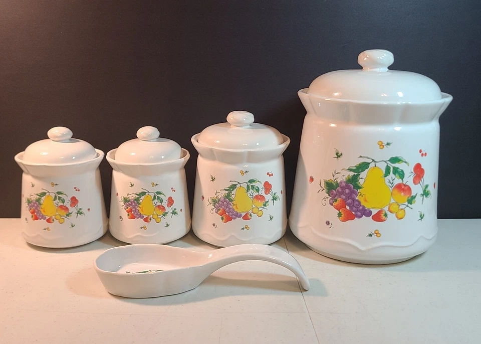 Juego de botes estilo europeo de 4+1 piezas CON soporte de cuchara a juego fruta uva melocotón Foto 2 de 4