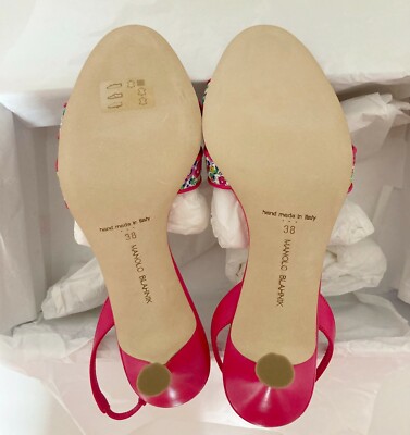 NEW MANOLO BLAHNIK Floral Leather Slingback Sandals, EUR 38, MSRP