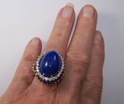 damen 18kt Y.G. Cocktailring Lapis Cabochon Diamant Saphir Heiligenschein Größe 6-6 1/2