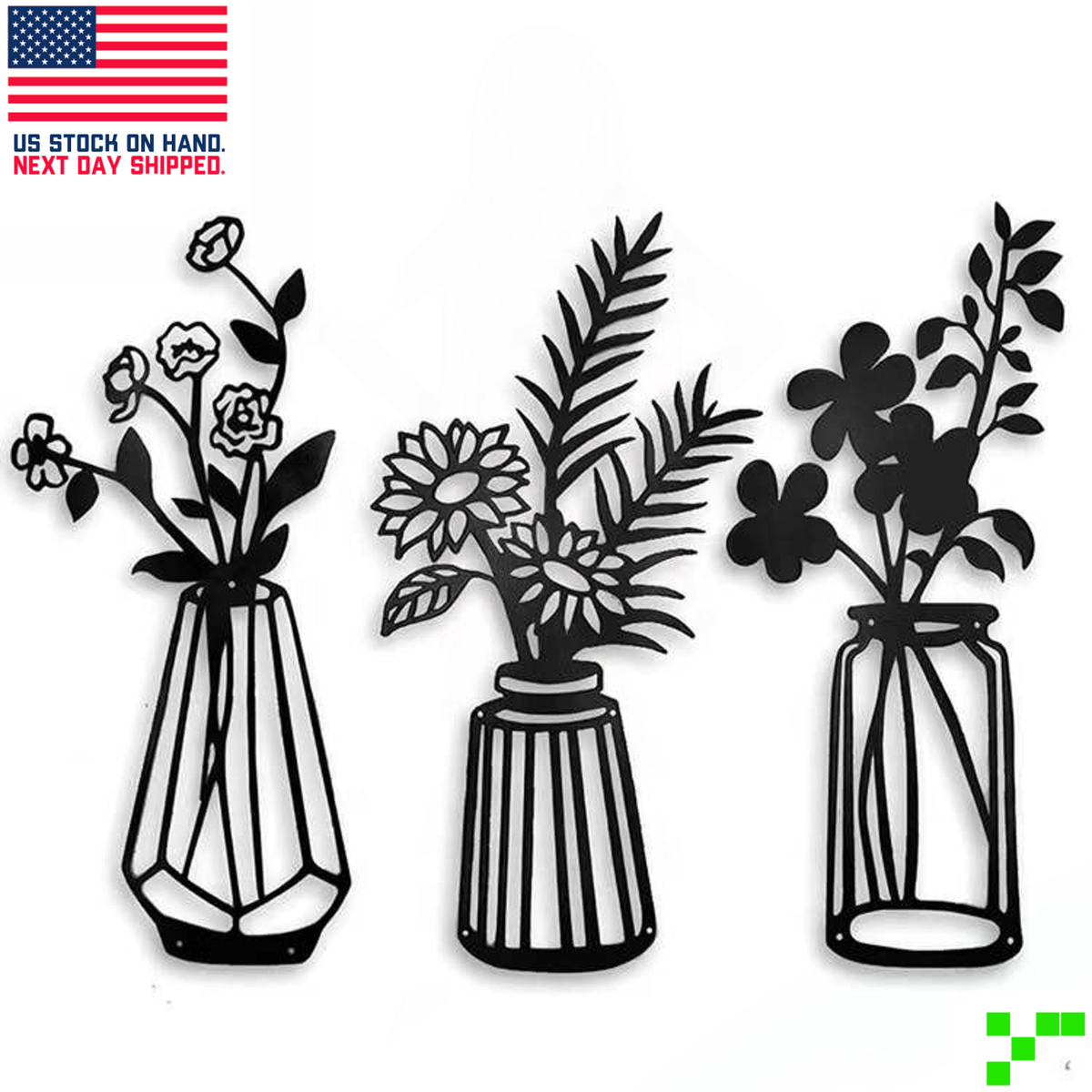 3 PIECE SET Metal Flower Vase Wall Art Black Silhouette Hanging