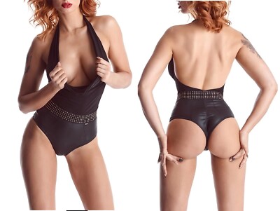 DEMONIQ WETLOOK STOFF BODY clubwear schwarz kunstleder  blickdicht stringbody