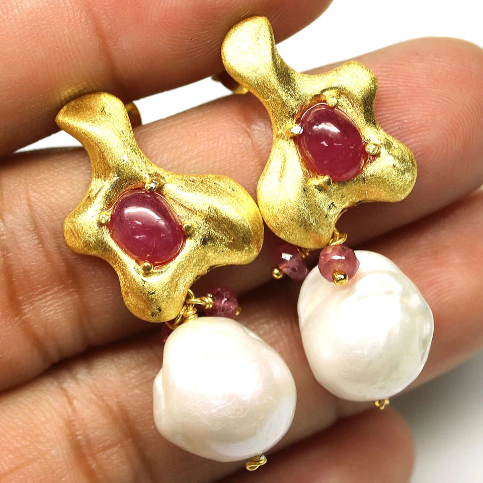 925 Sterling Silver White Baroque Pearl & Red Ruby Earrings 18K Gold Christmas - Image 2 of 4