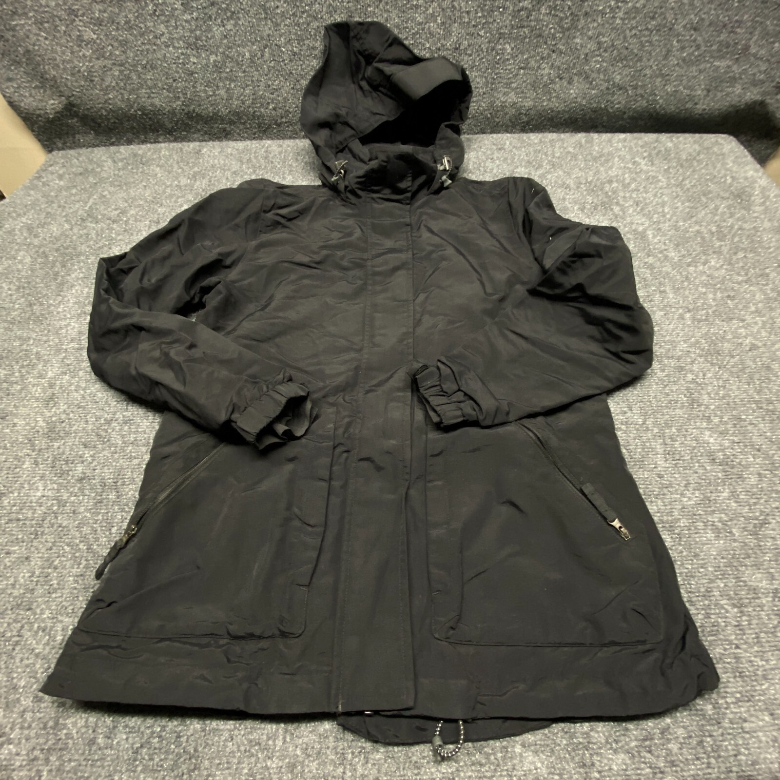 Lands End Parka Jacket Coat Womens Small Solid Black Hooded Full Zip Tench Rain