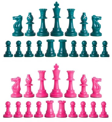 Staunton Triple Weighted Chess Pieces   Full Set 34 Aqua & Pink - 4 Queens  