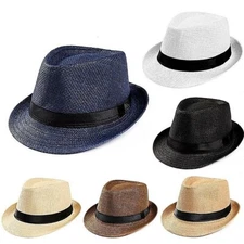 Men Women Summer Straw Fedora Hat Trilby Cuban Sun Cap Panama Short Brim Floral