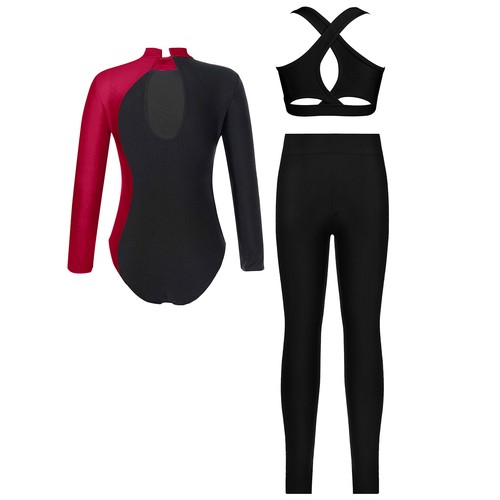 Kids Girls Set Leotard Suit Dance Outfit Keyhole Back Costume Shiny Mock Neck - Picture 6 of 32