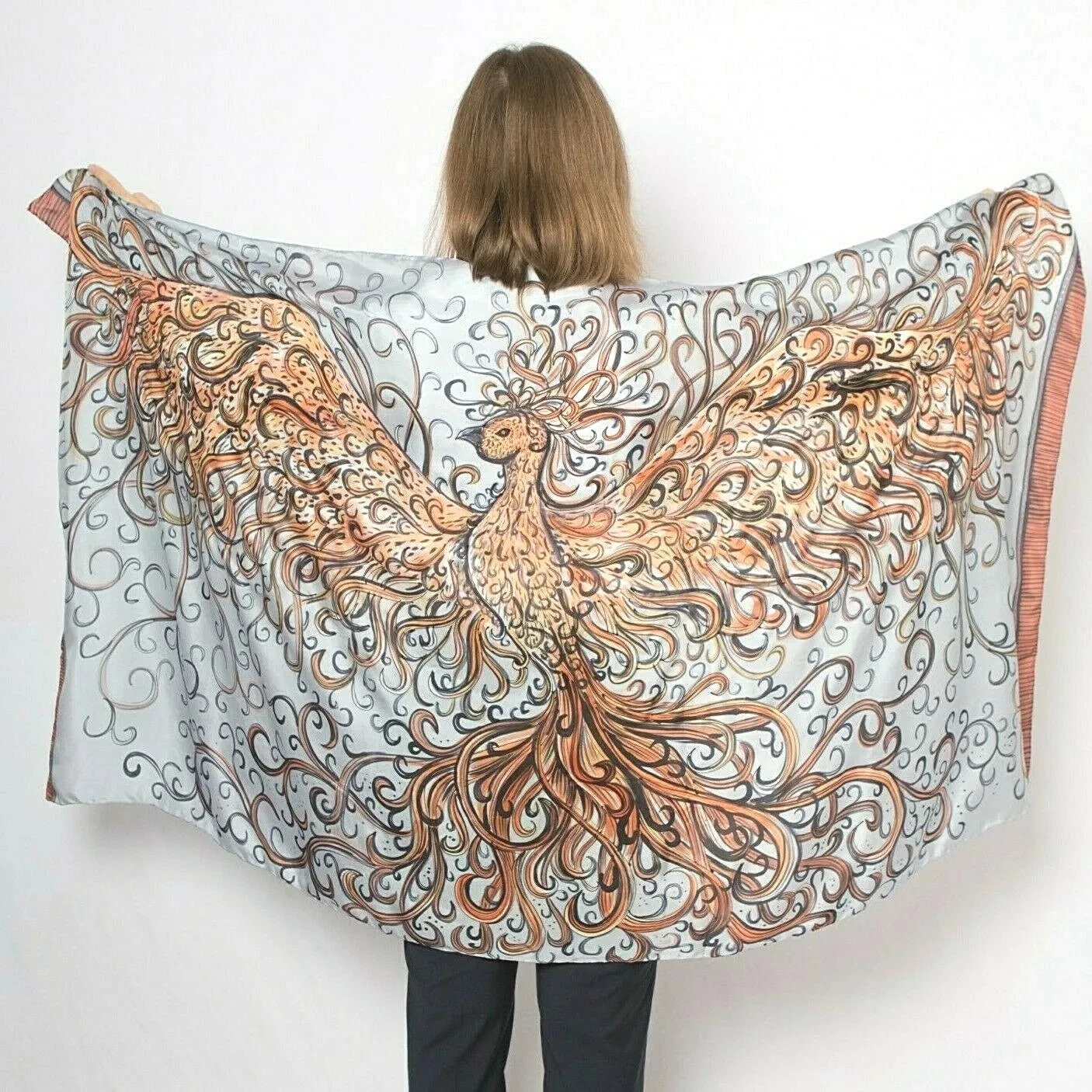 Phoenix Bird Hand Painted Silk Scarf Bridal Silk Shawl Wings Scarf Large Scarf