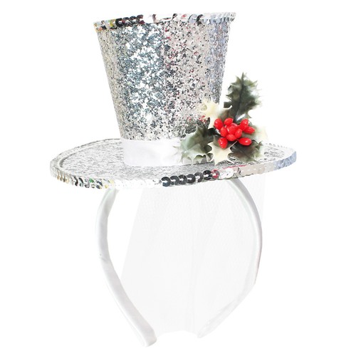 LADIES SILVER MINI GLITTER TOP HAT HEADBAND & CHRISTMAS HOLLY XMAS