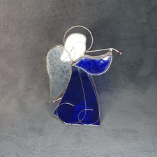 VTG Stained glass Angel Tea Light Holder Colbalt Blue White Glass Trumpet