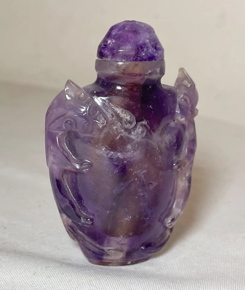 Antiguo frasco chino tallado a mano piedra amatista botella tabaco escultura baratija Foto 3 de 4