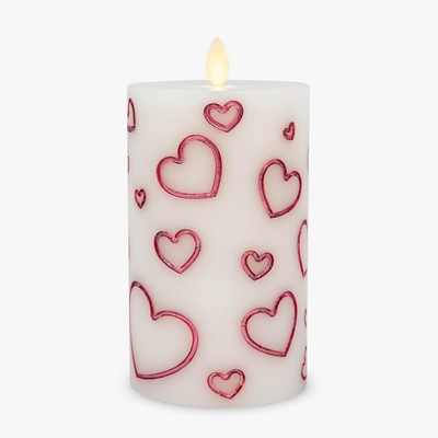 Luminara Debossed Hearts Pillar 3.3'' x 6.5'', Pearl Ivory Magenta Metallic 