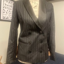 SANDRO PARIS DOUBLE BREASTED BLAZER PINSTRIPE W EU36 WOOL NWT SATIN LAPEL Beauty