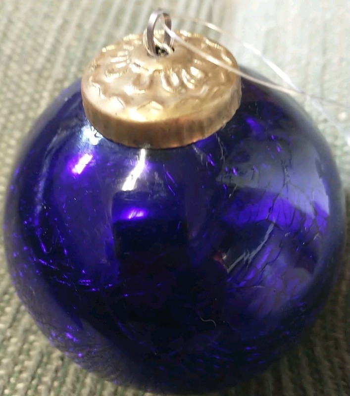 Crackle Glass Kugel Style 4" Christmas Ornament Blue Brass Cap