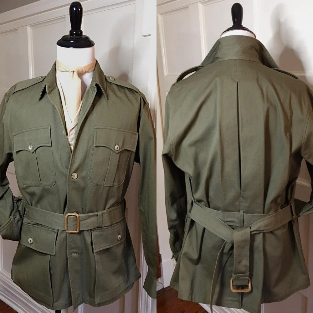 Army Green Men Safari Jackets with Belt Multi Pockets Outdoor Wear Hunting Coats